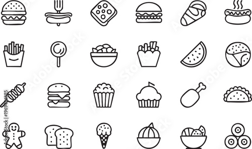 Snack and junk food line icon set featuring burger fries donut and candy elements