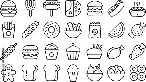 Snack and dessert icon bundle with fast food and junk food elements