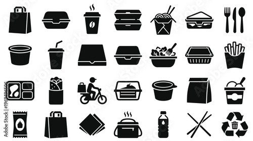 Collection of food delivery and takeout icons representing various meal options and packaging for online ordering and restaurant services