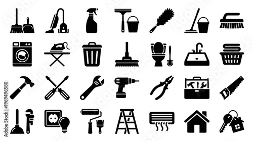 Collection of household and repair icons representing cleaning tools and DIY equipment