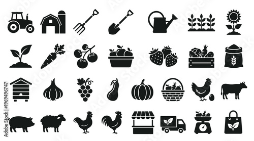 Farm icons collection tractor barn pitchfork shovel watering can plants sunflower seedling carrot tomatoes strawberries vegetables harvest bag wheat