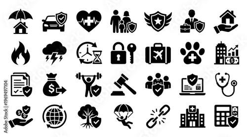 Insurance and Protection Icons Collection Security Safety Health Wealth and Business Concepts