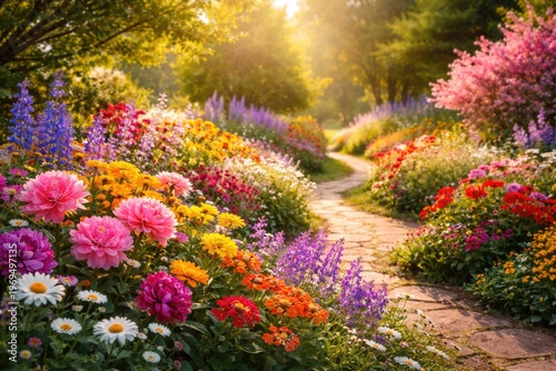 Colorful blossoms brighten the peaceful garden scene