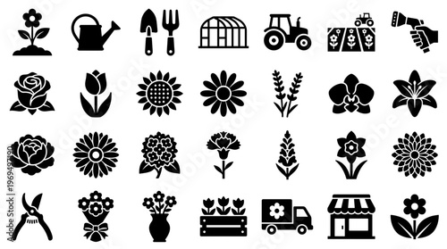 Gardening and Flower Icons Set Collection of Floral Elements and Tools for Agriculture and Horticulture