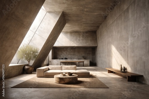 Minimalist interior with sloped concrete walls and natural sunlight creating an open warehouse feel