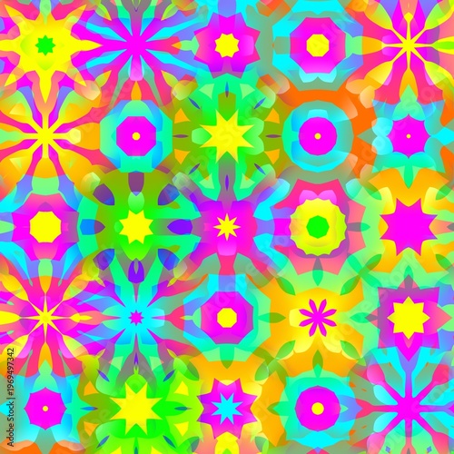Colorful abstract digital artwork with vivid neon tones kaleidoscopic geometric shapes and smooth gradients showing psychedelic visual style suitable for backgrounds design and creative projects