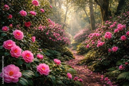 A vibrant forest scene with blooming pink camellia flowers