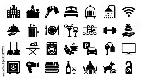 Hotel Service Icons Collection Representing Guest Amenities and Facilities for Travel and Hospitality Industry