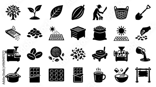 Cocoa bean to chocolate bar production process icons set