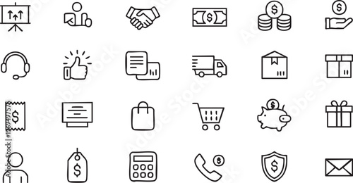 Ecommerce shopping and payment outline icon set for online retail platforms