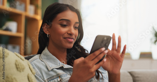 Fotografía Woman, smile and scroll in apartment with phone, online dating notification or reading text message