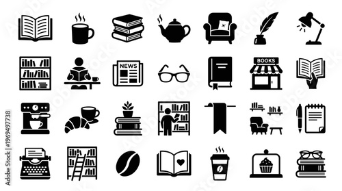 Collection of book and reading related icons including coffee, tea, typewriter, and furniture for cozy atmosphere