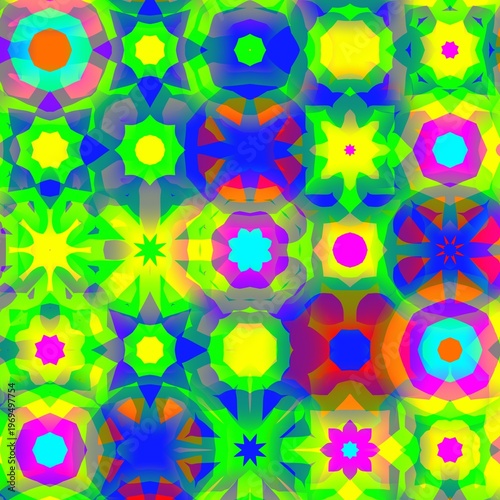 Colorful abstract digital artwork with vivid neon tones kaleidoscopic geometric shapes and smooth gradients showing psychedelic visual style suitable for backgrounds design and creative projects