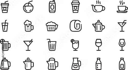 Beverage drinks outline icon set with coffee cocktail beer and wine symbols