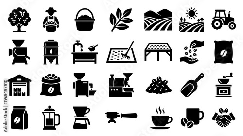 Coffee cultivation and preparation icons set depicting farming processing roasting brewing and serving coffee beans and beverages