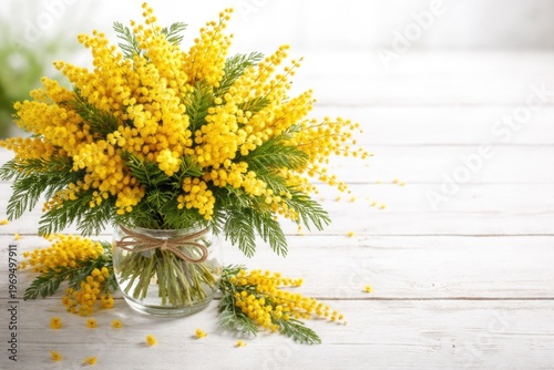 A vibrant bouquet of mimosa flowers arranged on a white wooden table with copyspace available