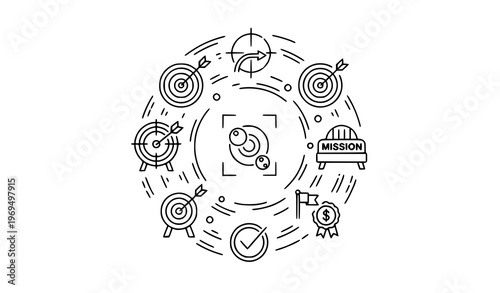 Target and achievement line icons in radial layout with editable stroke for focus precision and mission success themes