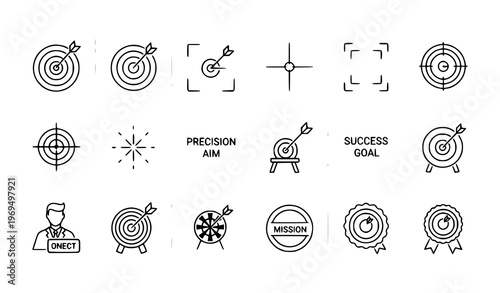 Target and goal achievement line icon set with editable stroke for mission success focus and precision concepts