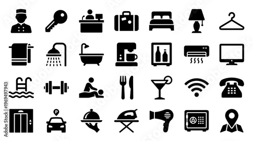 Hotel Icons Collection: Amenities and Services for Hospitality Industry and Travel Planning
