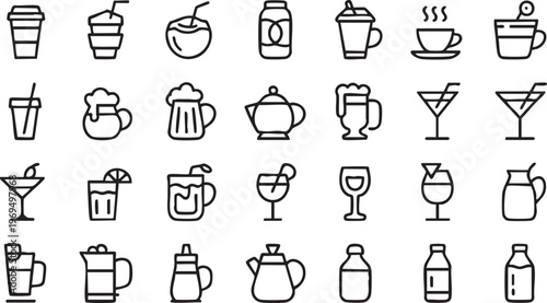 Cocktail coffee and beverage icon set for hospitality and nightlife design