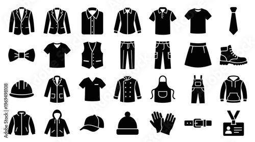 Collection of black clothing and accessory icons representing professional attire and workwear essentials