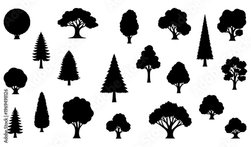 Flat tree silhouette icon collection in creative scattered layout for nature and eco lifestyle concepts