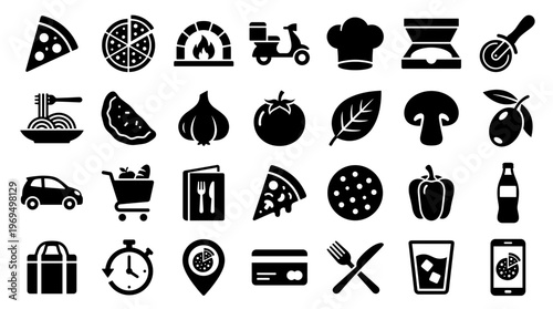 Collection of Pizza and Food Delivery Icons Representing a Complete Culinary Experience