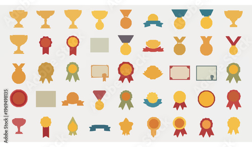 Award trophies medals ribbons and certificates flat icon set isolated on transparent background for achievement concepts