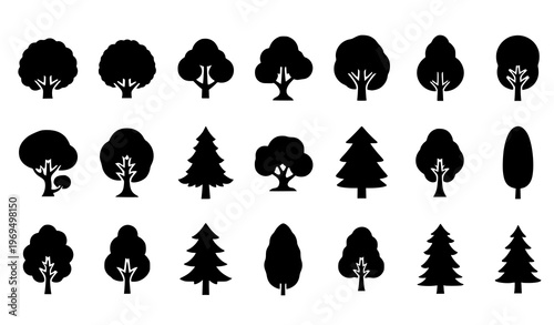 Flat tree silhouette icon set in minimal black style for nature and healthy lifestyle concepts isolated on white