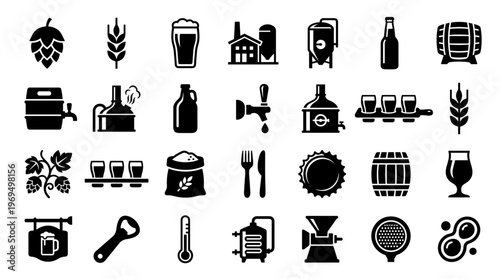 Brewery Icons Set Craft Beer Production Equipment Symbols Collection