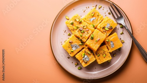 Delicious traditional indian sweet soan papdi served on a plate with pistachio toppings and silver leaf garnish captured from a top down perspective in soft light