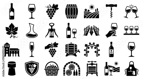 Collection of wine icons representing vineyard production from grape to glass and winery elements