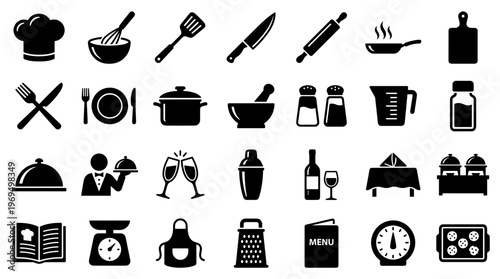 Collection of kitchen and dining icons representing culinary tools, cooking, and food service, perfect for restaurant or recipe websites
