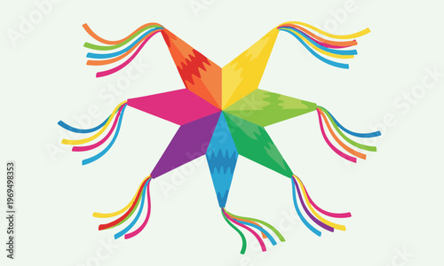 Traditional Colorful Mexican Star Piñata with Tassels Isolated Vector Illustration