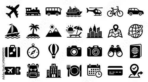 Collection of travel and transportation icons representing vacation and journey planning with diverse transport options and travel essentials