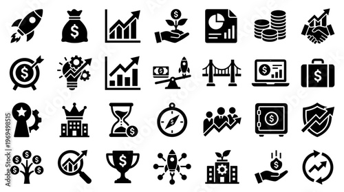Business growth and success icons depicting finance strategy startup and achievement with charts and money symbols