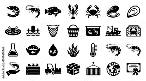 Seafood farming and aquaculture industry icons representing cultivation processing and global distribution of aquatic life