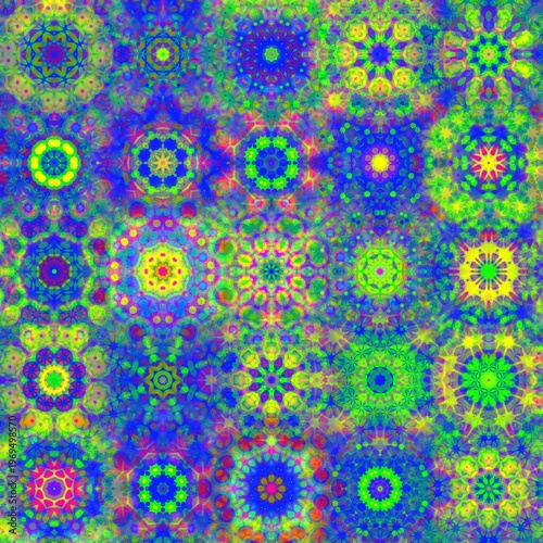 Colorful abstract digital artwork with vivid neon tones kaleidoscopic geometric shapes and smooth gradients showing psychedelic visual style suitable for backgrounds design and creative projects