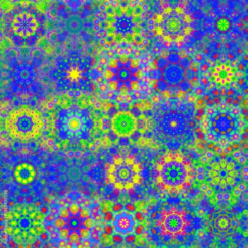 Colorful abstract digital artwork with vivid neon tones kaleidoscopic geometric shapes and smooth gradients showing psychedelic visual style suitable for backgrounds design and creative projects