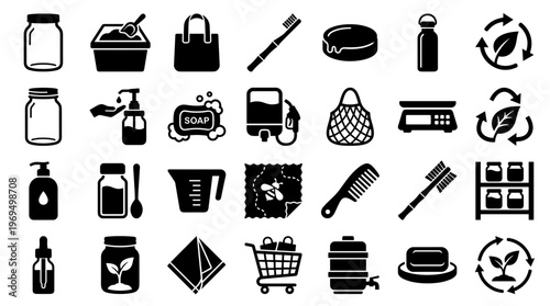 Sustainable zero waste lifestyle icons for eco friendly living and conscious consumption