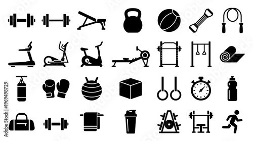 Fitness equipment icons collection for gym workout and healthy lifestyle concept