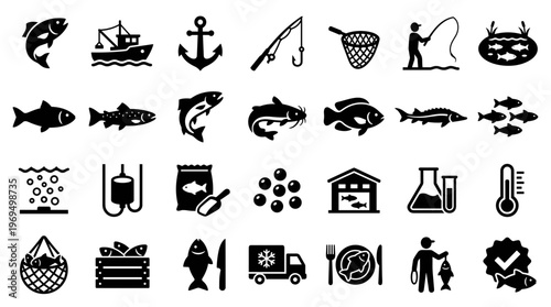 Collection of Fishing and Aquaculture Icons Representing Seafood Industry and Aquatic Life