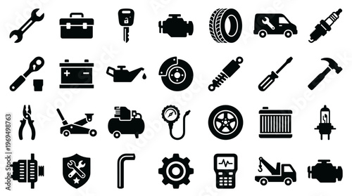Collection of Car Repair and Maintenance Icons Symbolizing Automotive Service and Mechanical Work