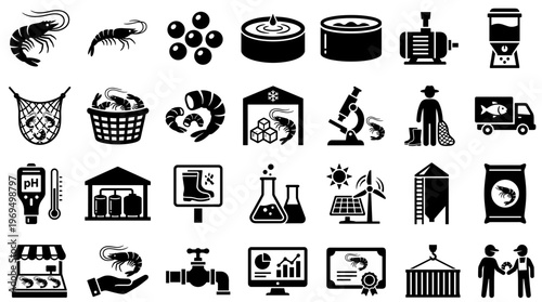 Shrimp Farming Icons Set Aquaculture Industry Technology Equipment and Processes