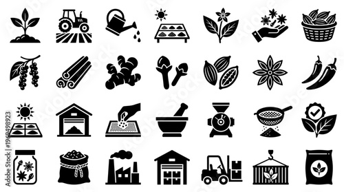 Agricultural production and food processing icons representing farming cultivation harvest and distribution of organic produce