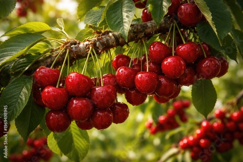 Bountiful harvest of ripe red cherries hanging from a tree branch
