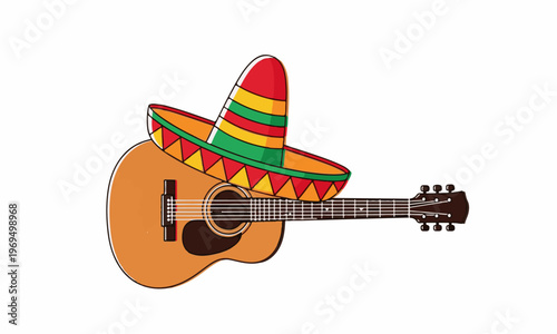 Cartoon Acoustic Guitar with Colorful Mexican Sombrero Isolated Vector Illustration