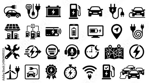 Electric Vehicle Charging and Technology Icons Set EV Transportation Energy Solutions Sustainable Mobility