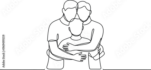 Two adults embracing a child, representing family support and love in simple out