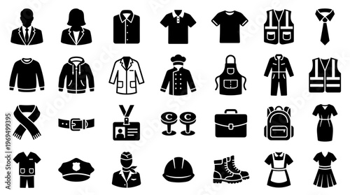 Diverse Professional Attire and Accessories Collection Icons Representing Various Occupations and Uniforms